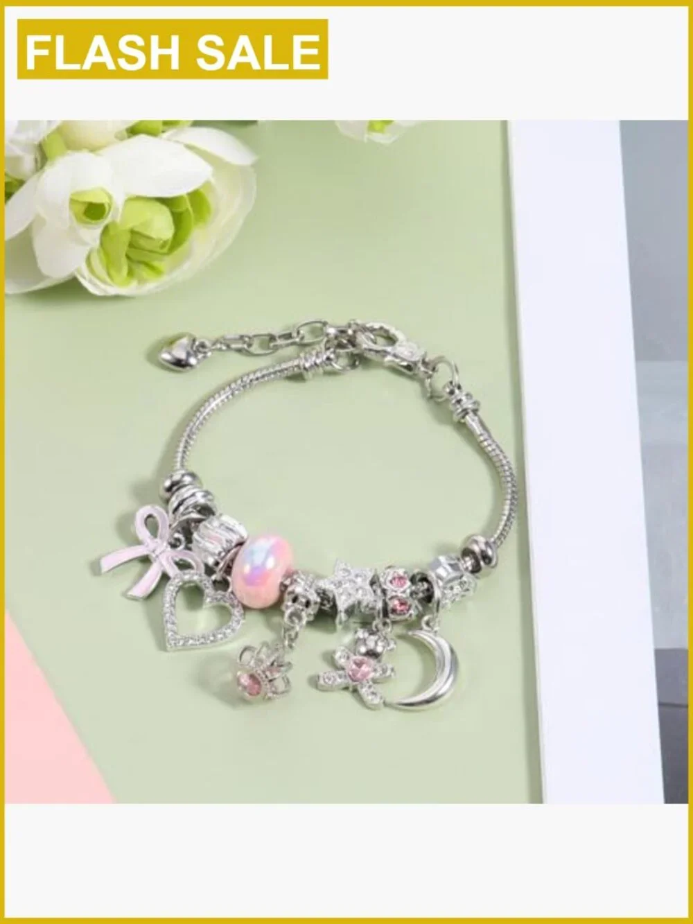 Adjustable Charm Bracelet with Heart Moon Bear Pendant
